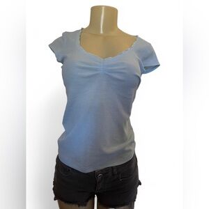 Michele Blue Fitted Ruched Cap Sleeve Blouse